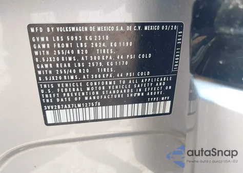 2020 Volkswagen Tiguan 2.0T Se/2.0T Se R-Line Black/2.0T Sel from USA, damaged, VIN 3VV2B7AX7LM127578